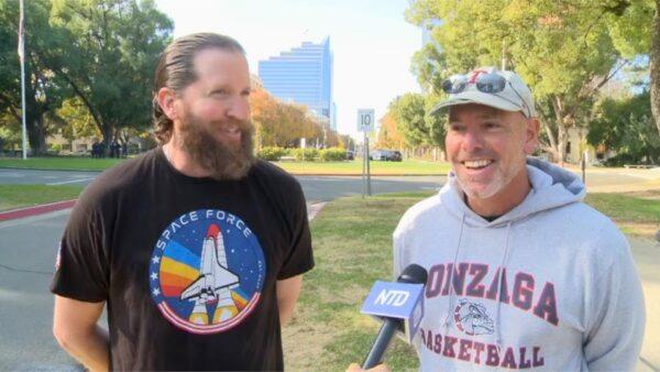 John Jevtic (L) and John DeRoos (R) attend the Stop the Steal and Recall California Governor Gavin Newsom protest in Sacramento, Calif., on Nov. 21, 2020. (Nancy Han/NTD News)