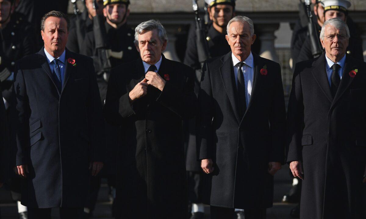 (L-R) Former Prime Ministers David Cameron, Gordon Brown, Tony Blair, and John Major lays a wreath at the Cenotaph during the Remembrance Sunday ceremony at the Cenotaph on Whitehall in central London, on Nov. 10, 2019. (Daniel Leal-Olivas/AFP via Getty Images)