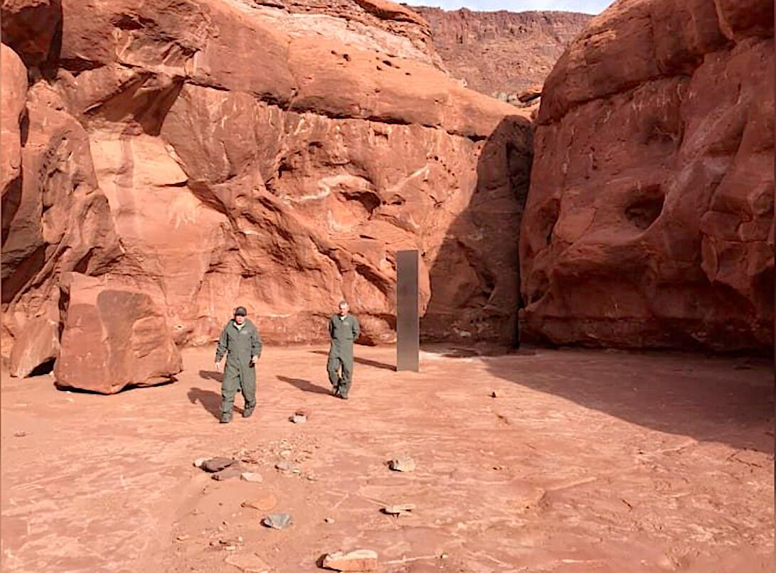 Utah helicopter crew discovers mysterious metal monolith deep in the desert. (Courtesy of Utah Department of Public Safety)