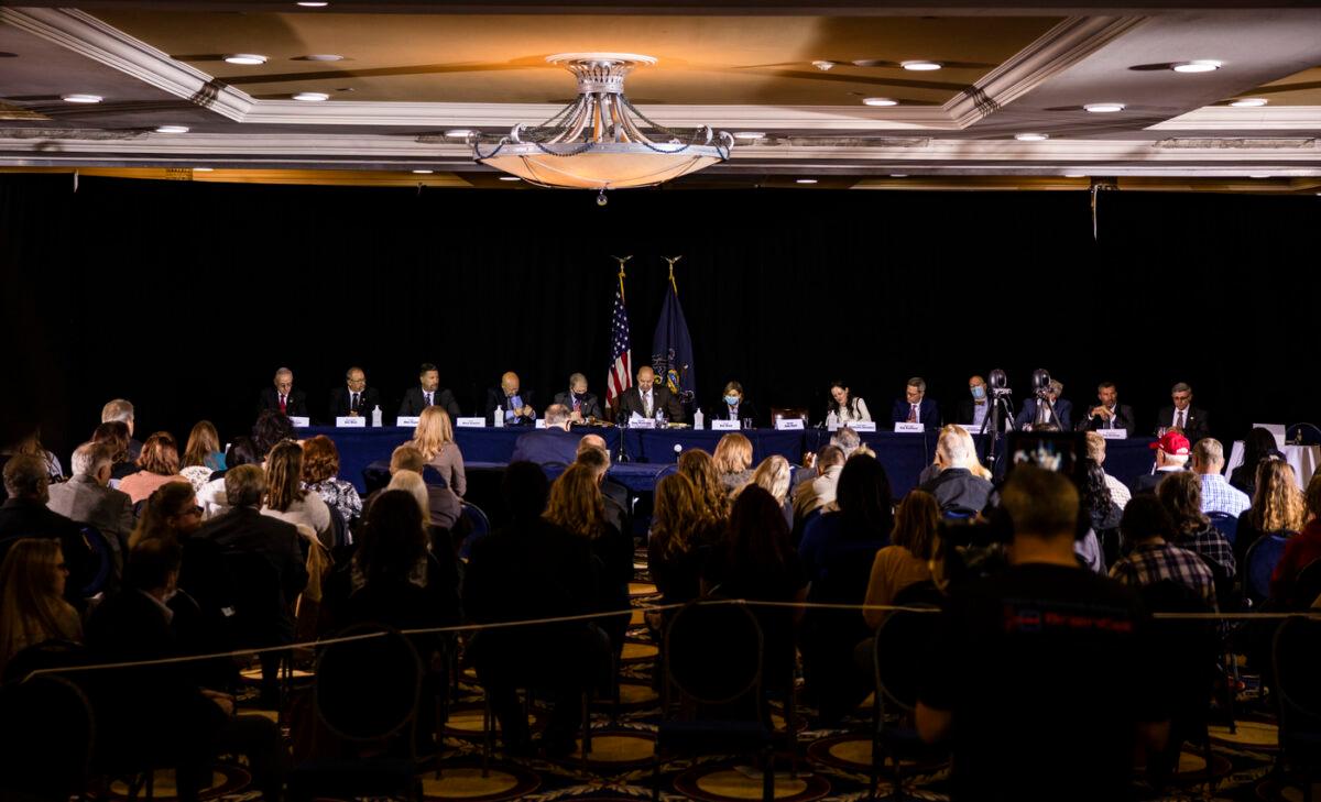 The Pennsylvania Senate Majority Policy Committee holds a public hearing Wednesday at the Wyndham Gettysburg hotel to discuss the 2020 election issues and irregularities with President Trump's lawyer Rudy Giuliani on November 25, 2020 in Gettysburg, Pennsylvania. (Samuel Corum/Getty Images)
