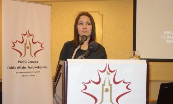 Canadian Uighur Activist Rukiye Turdush speaks at a Peace, Order, and Good Governance Canada event in Ottawa on March 9, 2019. (The Epoch Times)