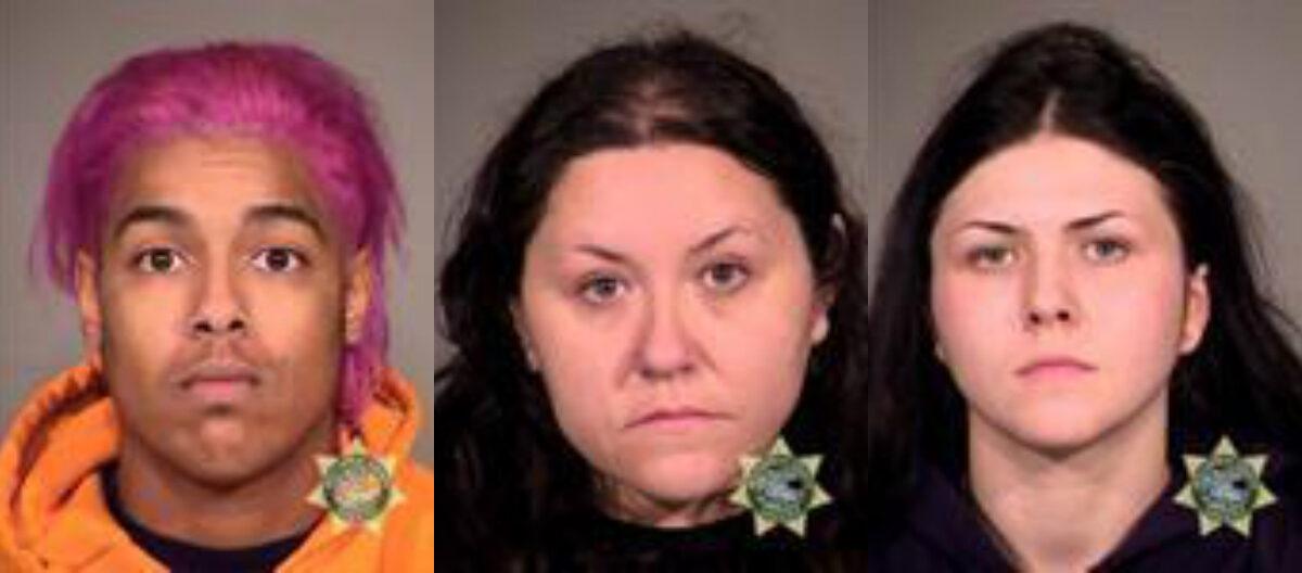 Chester Hester (L), Nicole Noriega (C), and Bailey Willack were arrested for allegedly damaging businesses during a riot in Portland, Ore., on Nov. 26, 2020. (Portland Police Bureau)