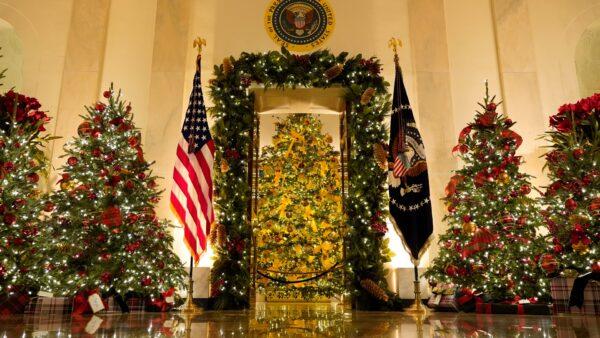 Cross Hall and the Blue Room are decorated during the 2020 Christmas preview at the White House in Washington, on Nov. 30, 2020. (Patrick Semansky/AP Photo)