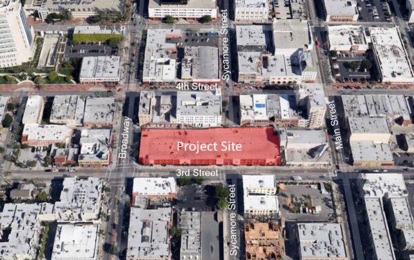 An aerial view shows the site of a newly announced $100 million project in downtown Santa Ana, Calif. (Courtesy of the City of Santa Ana)