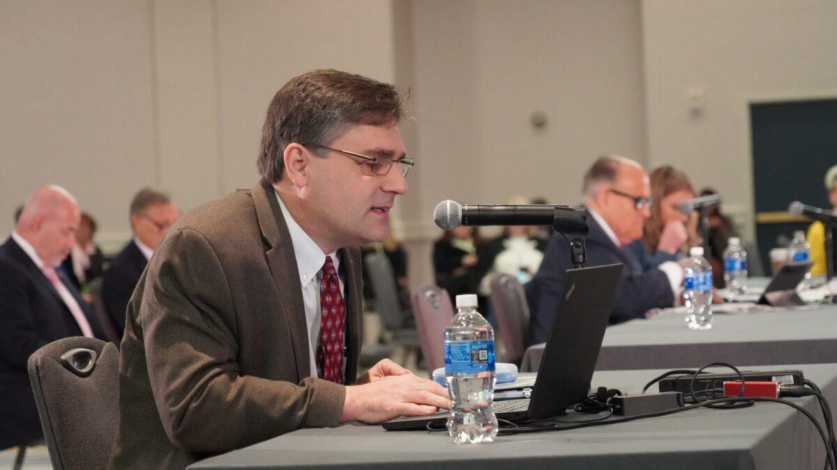 Patrick Colbeck speaks during a public hearing on election integrity in Phoenix, on Nov. 30, 2020. (Mei Lee/The Epoch Times)