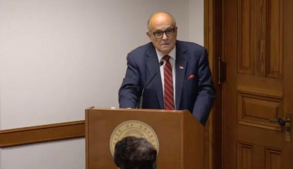 Former NY city mayor Rudy Giuliani testifies before the Georgia Senate subcommittee hearing on election issues at the state capitol in Atlanta on Dec. 30, 2020. (Screenshot)