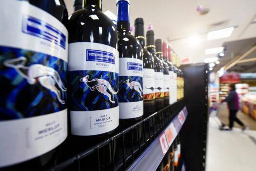 Bottles of Australian wine are displayed at a supermarket in Hangzhou, in eastern China's Zhejiang province on November 27, 2020. (Photo by STR/AFP via Getty Images)