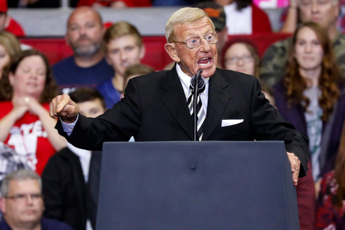 Former Notre Dame football coach Lou Holtz speaks during a campaign rally for GOP Senate candidate Mike Braun, in Fort Wayne, Ind., on Nov. 5, 2018. (Aaron P. Bernstein/Getty Images)