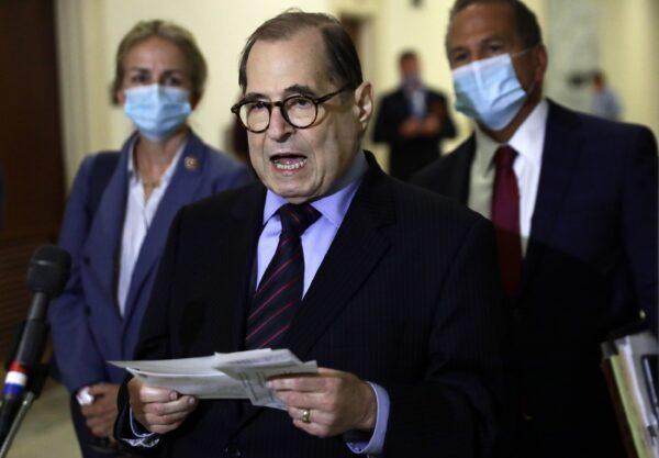 House Judiciary Chairman Jerry Nadler (D-N.Y.) speaks to reporters in Washington on July 9, 2020. Behind him are Reps. Madeleine Dean (D-Pa.) and David Cicilline (D-R.I.). (Alex Wong/Getty Images)
