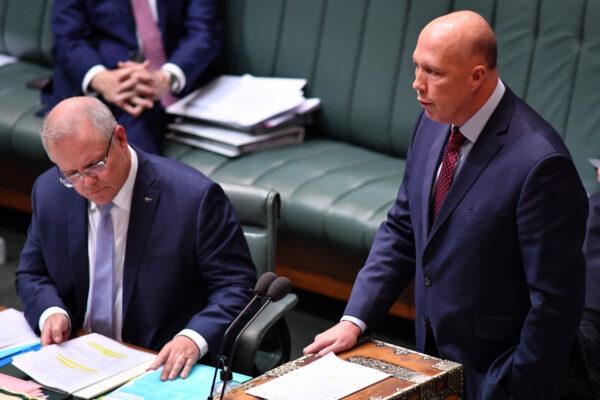 Minister for Home Affairs Peter Dutton speaks at the despatch box during Question Time in the House of Representatives at Parliament House in Canberra, Australia on May 14, 2020. (Sam Mooy/Getty Images)