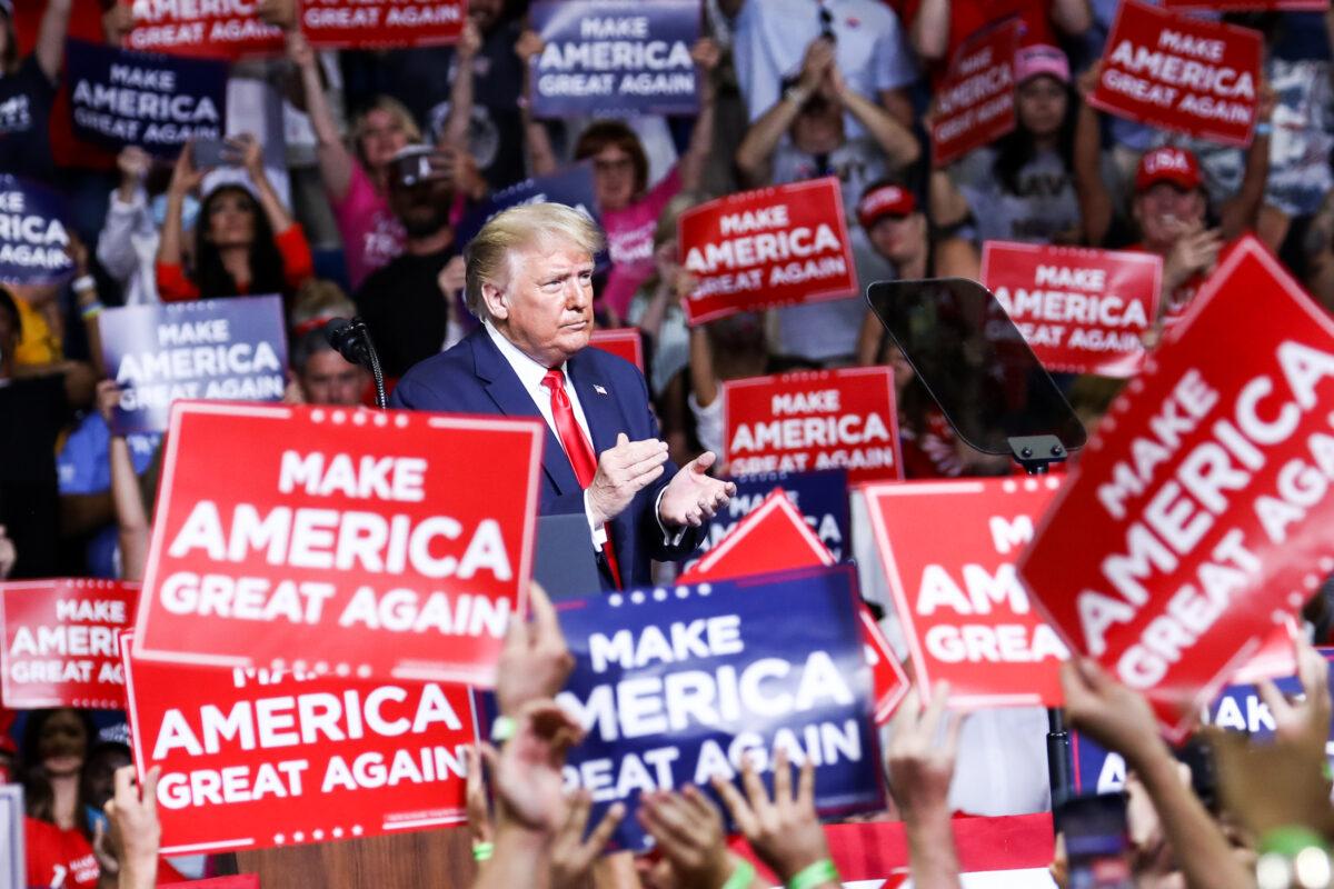  President Donald Trump at a campaign rally in the BOK Center in Tulsa, Okla., on June 19, 2020. (Charlotte Cuthbertson/The Epoch Times)