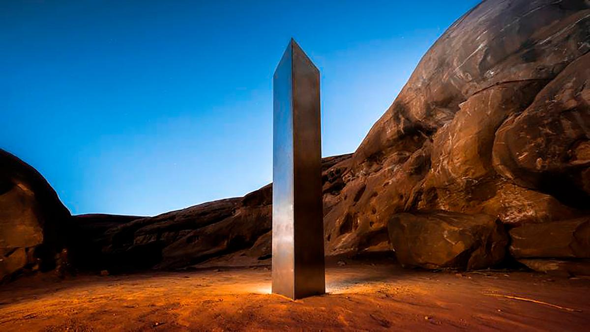 A monolith that was placed in a red-rock desert in an undisclosed location in San Juan County, southeastern Utah. (Terrance Siemon via AP)