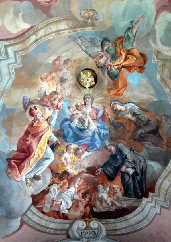A fresco, 1749, by Simon Benedict Faistenberger, on the ceiling of St. Ulrich Church in Pillersee, Tyrol, Austria. The Virgin Mary gives a black penitence belt to St. Augustine and his mother St. Monica. At the bottom, with this belt St. Nicholas of Tolentino is freeing souls from purgatory. (Wolfgang Sauber / CC BY-SA 3.0)