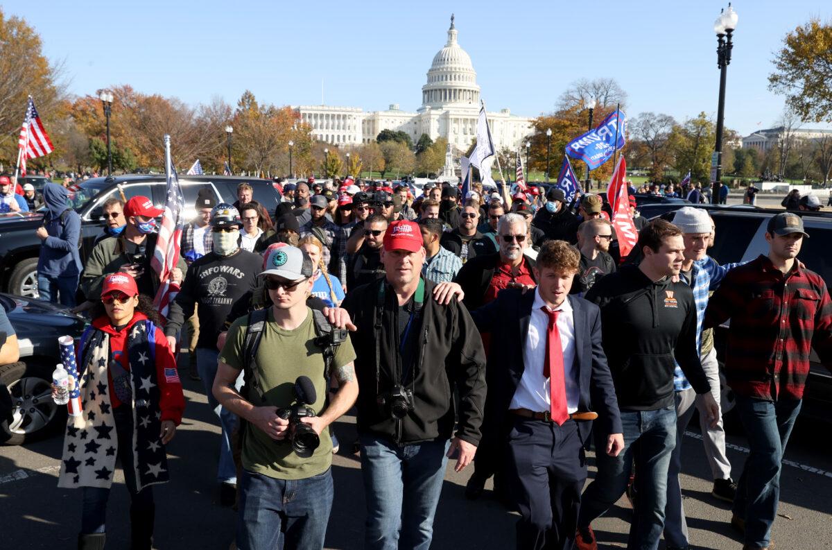 People participate in the “Million MAGA March” supporting President Donald Trump from Freedom Plaza to the Supreme Court, in Washington on Nov. 14, 2020. (Tasos Katopodis/Getty Images)