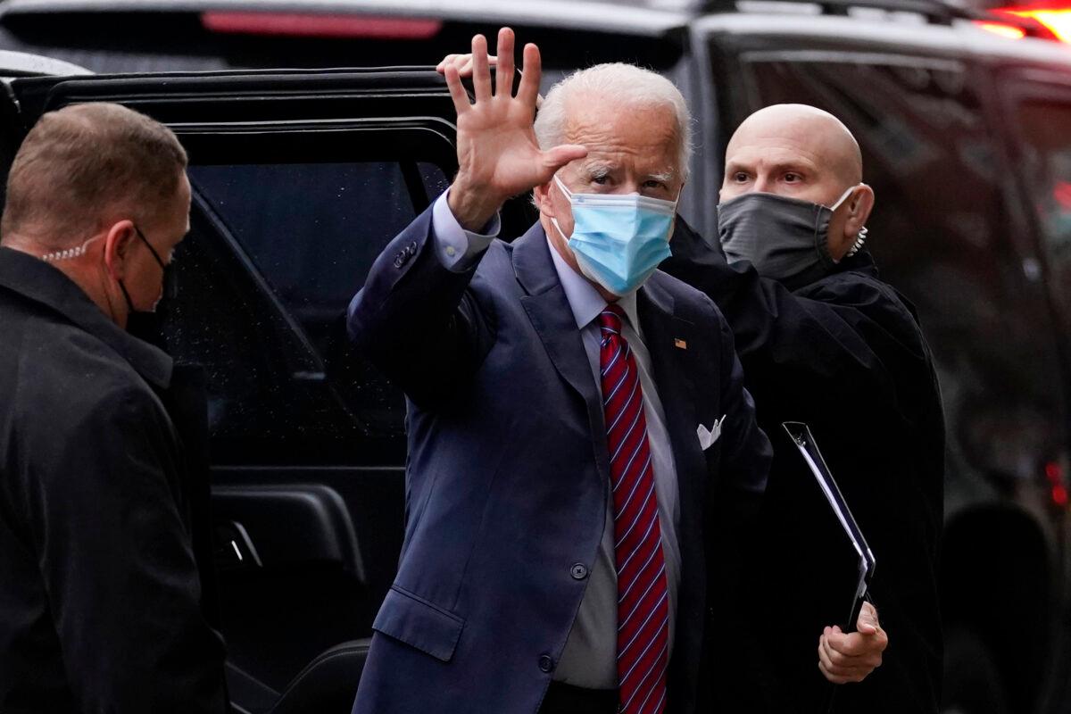 Democratic presidential candidate Joe Biden arrives at The Queen theater in Wilmington, Del., on, Dec. 4, 2020. (Andrew Harnik/AP Photo)