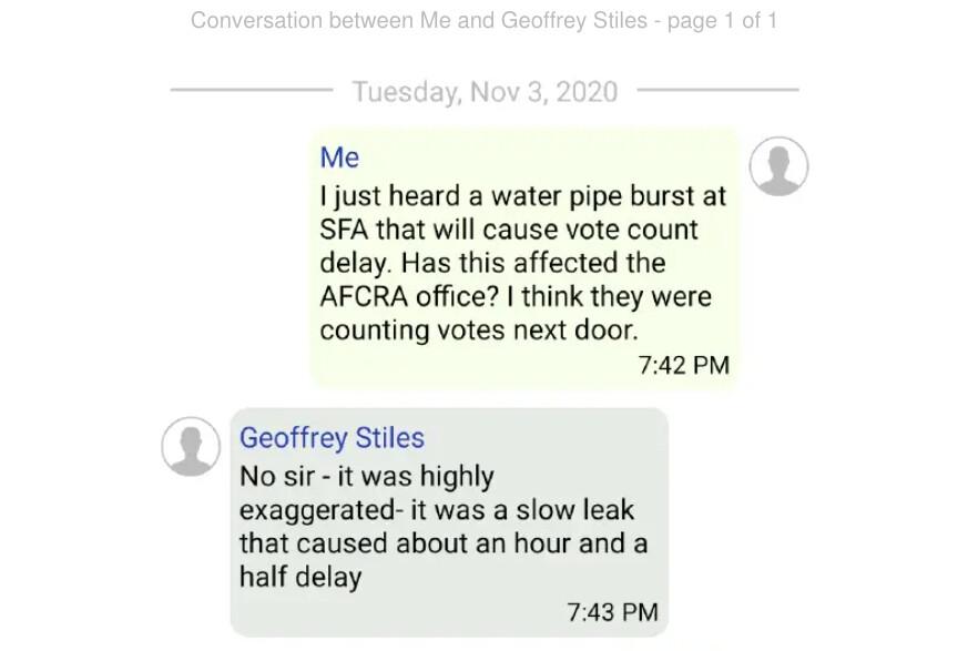 Text messages exchanged between attorney Paul Dzikowski and Atlanta Hawks vice president of facilities Geoffrey Stiles in response to a records request about the supposed burst pipe. (Screenshot/The Epoch Times)