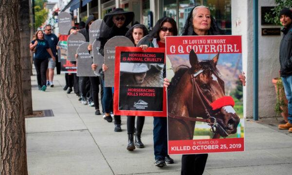 Members of the group Horseracing Wrongs and their supporters hold a "Requiem March for the fallen horses" to protest their deaths at Santa Anita Park race track and other venues across the country in Pasadena, Calif., on Nov. 30, 2019. (Mark Ralston/AFP via Getty Images)