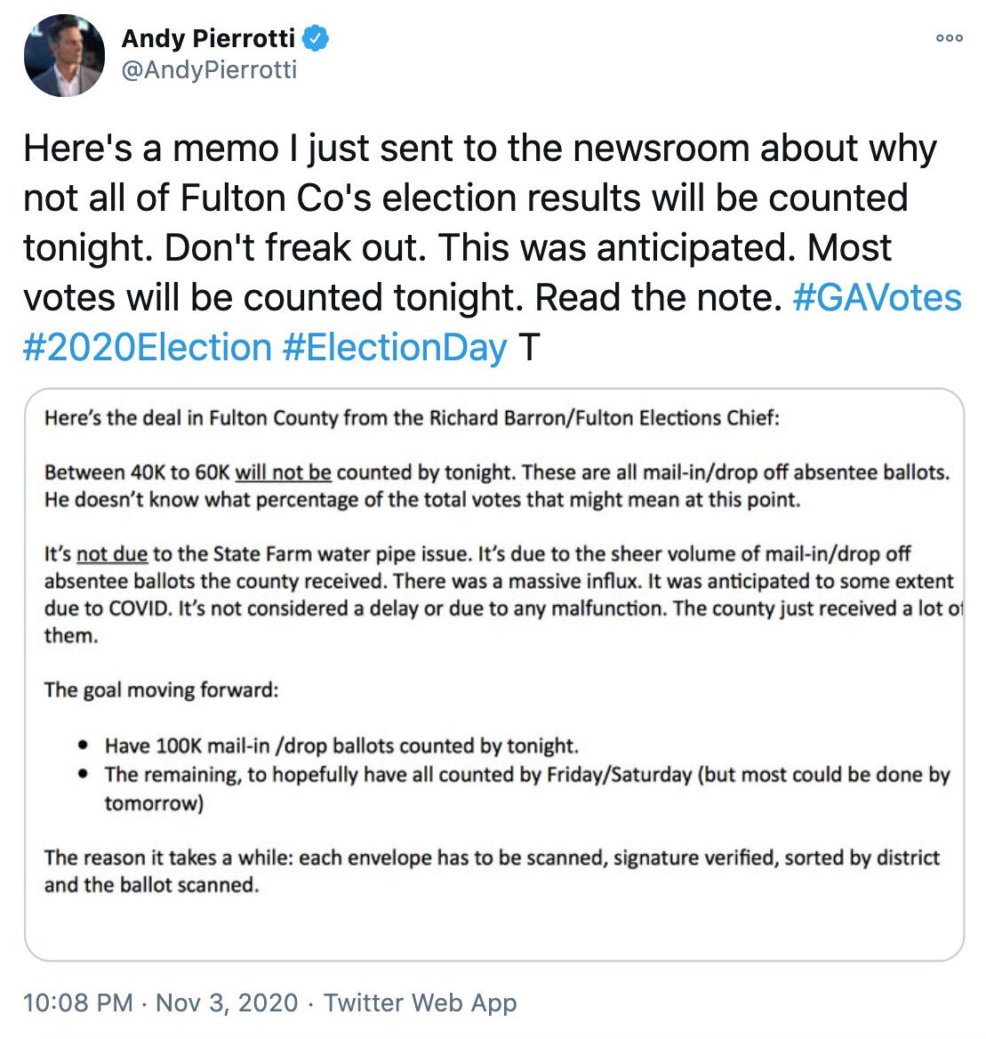 A screenshot of a Twitter message sent by 11Alive investigative reporter Andy Pierrotti on Nov. 3 saying that Fulton County wouldn’t be counting about 40,000 to 60,000 ballots that night. (Screenshot/Epoch Times)