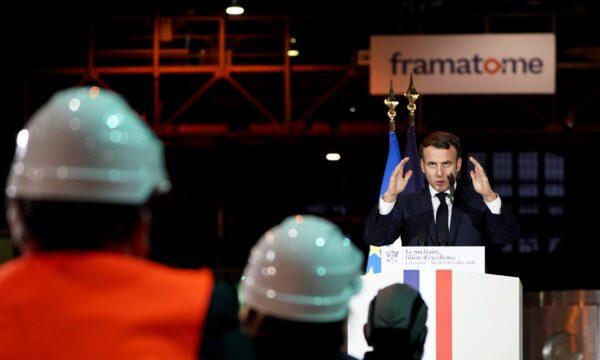 French President Emmanuel Macron, delivers his speech during a visit at Framatome nuclear reactor production site in Le Creusot, France, which the government holds up as an example of industry that serves both civilian and military needs, on Dec. 8, 2020. Macron wants to stress that nuclear energy is central to France's energy transition and says it emits less than wind or solar. (Laurent Cipriani/AP Photo)