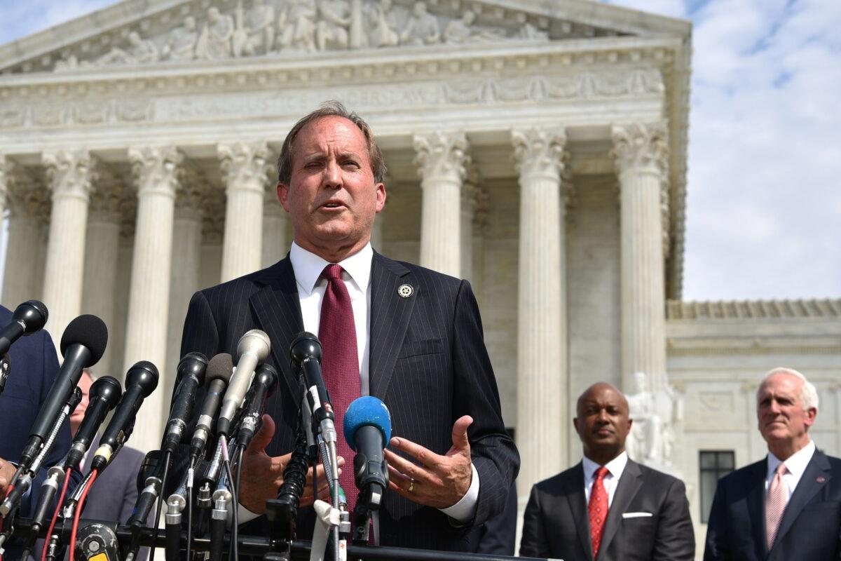 Texas Attorney General Ken Paxton speaks during the launch of an antitrust investigation into large tech companies outside of the Supreme Court in Washington on Sept. 9, 2019.(Mandel Ngan/AFP via Getty Images)