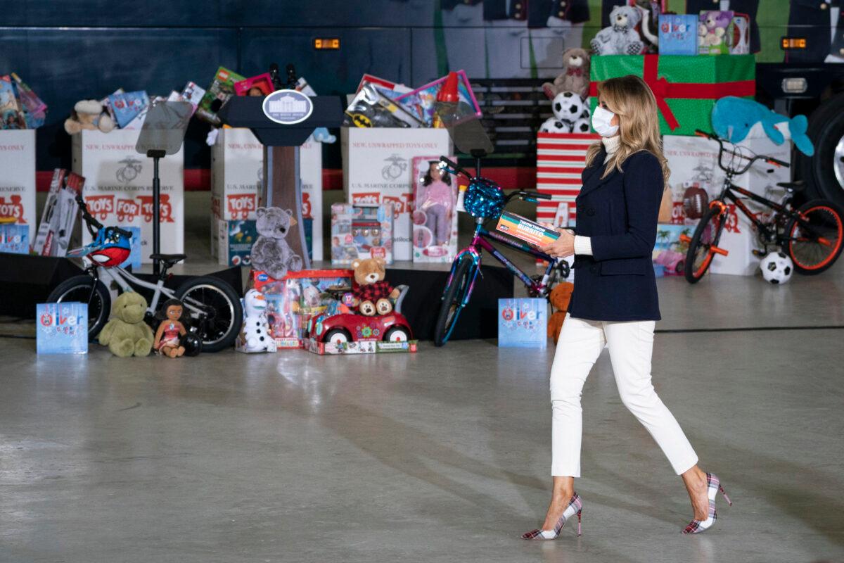 First Lady Melania Trump participates in the annual Marine Toys for Tots Drive at Joint Base Anacostia-Bolling in Washington on Dec. 8, 2020. (Drew Angerer/Getty Images)