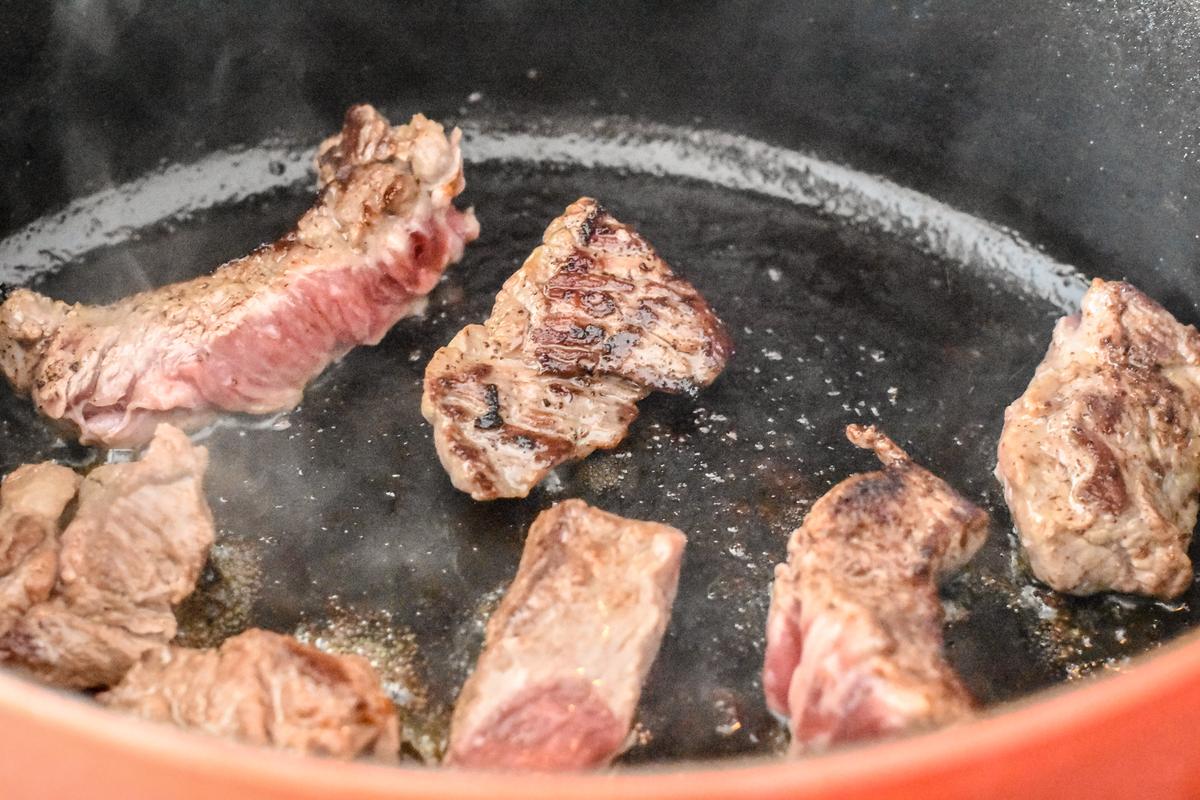  Brown the beef in batches—don't rush this step. (Audrey Le Goff)
