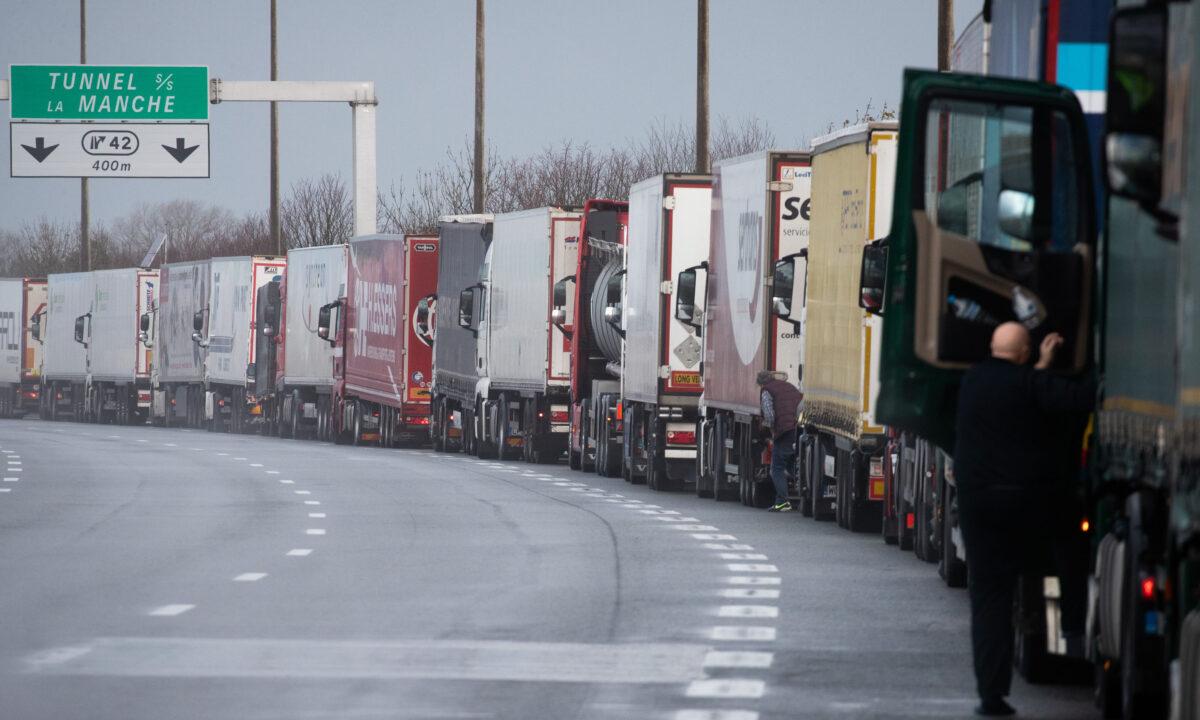 A traffic jam at the Channel Tunnel Eurotunnel, in Calais, France, on Dec. 4, 2020. (Benoit Doppagne/Belga Mag/AFP via Getty Images)