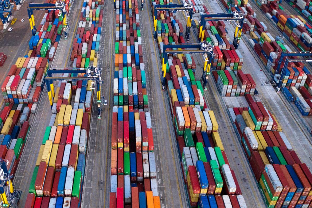 Crates are stacked at Felixstowe port in Felixstowe, England, on Nov. 16, 2020. (Dan Kitwood/Getty Images)