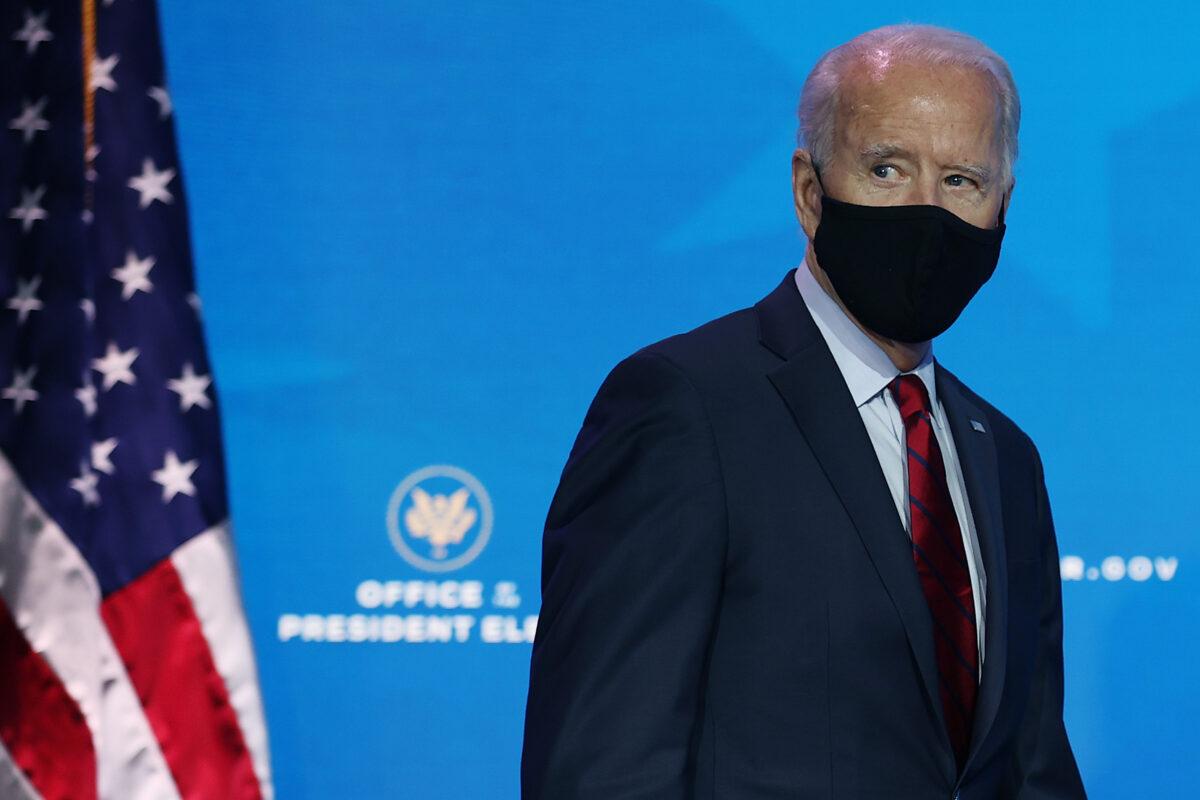 Democratic presidential candidate Joe Biden arrives at a press briefing in Wilmington, Delaware, on Dec. 8, 2020. (Chip Somodevilla/Getty Images)