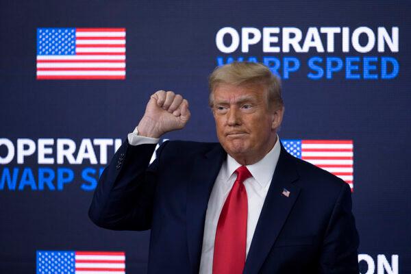 President Donald Trump greets the crowd before he leaves at the Operation Warp Speed Vaccine Summit on Dec. 8, 2020 in Washington. (Tasos Katopodis/Getty Images)