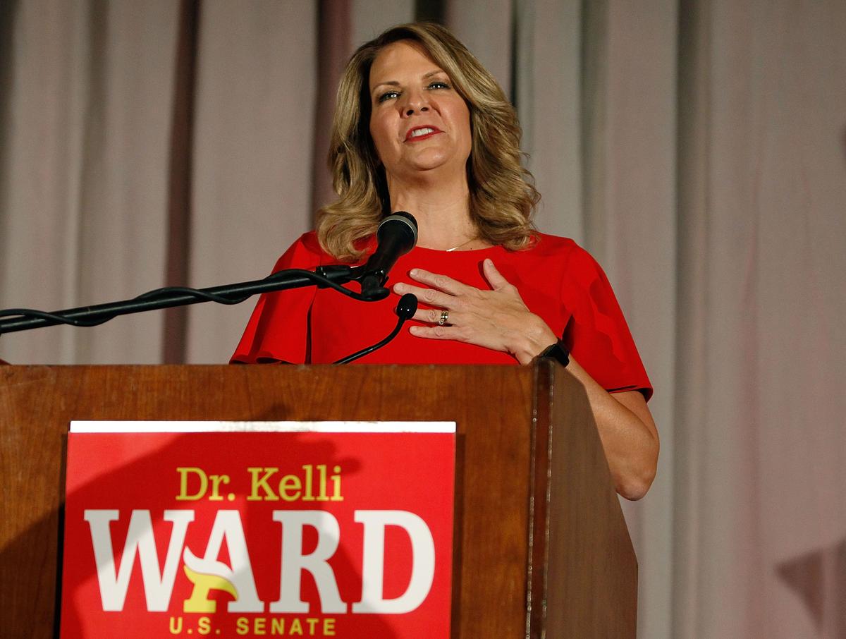 Then-Arizona GOP Senate candidate Kelli Ward concedes the primary in a speech to supporters at an election night event in Scottsdale, Ariz., on Aug. 28, 2018. (Ralph Freso/Getty Images)
