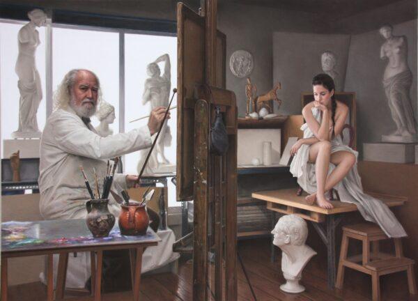 "In the Master's Studio ( The Visit)," 2015, by Rubén Belloso Adorna. Pastel on paper; 39 3/8 inches by 55 1/8 inches. (Courtesy of Rubén Belloso Adorna)