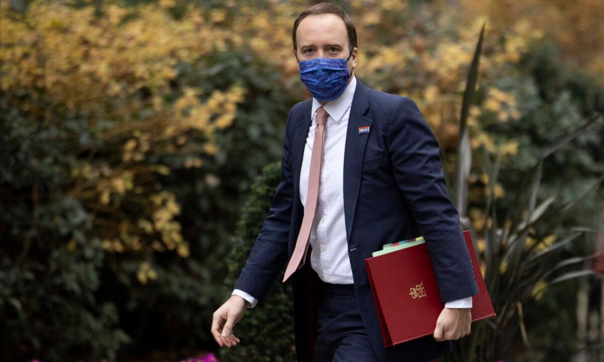 Health Secretary Matt Hancock in Downing Street in London on Dec. 10, 2020. (Dan Kitwood/Getty Images)