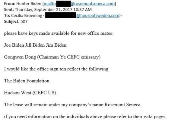 Hunter Biden’s request to Cecilia Browning to create office keys for his “office mates” Joe Biden, Jill Biden, Jim Biden, and Gongwen Dong. (Screenshot)