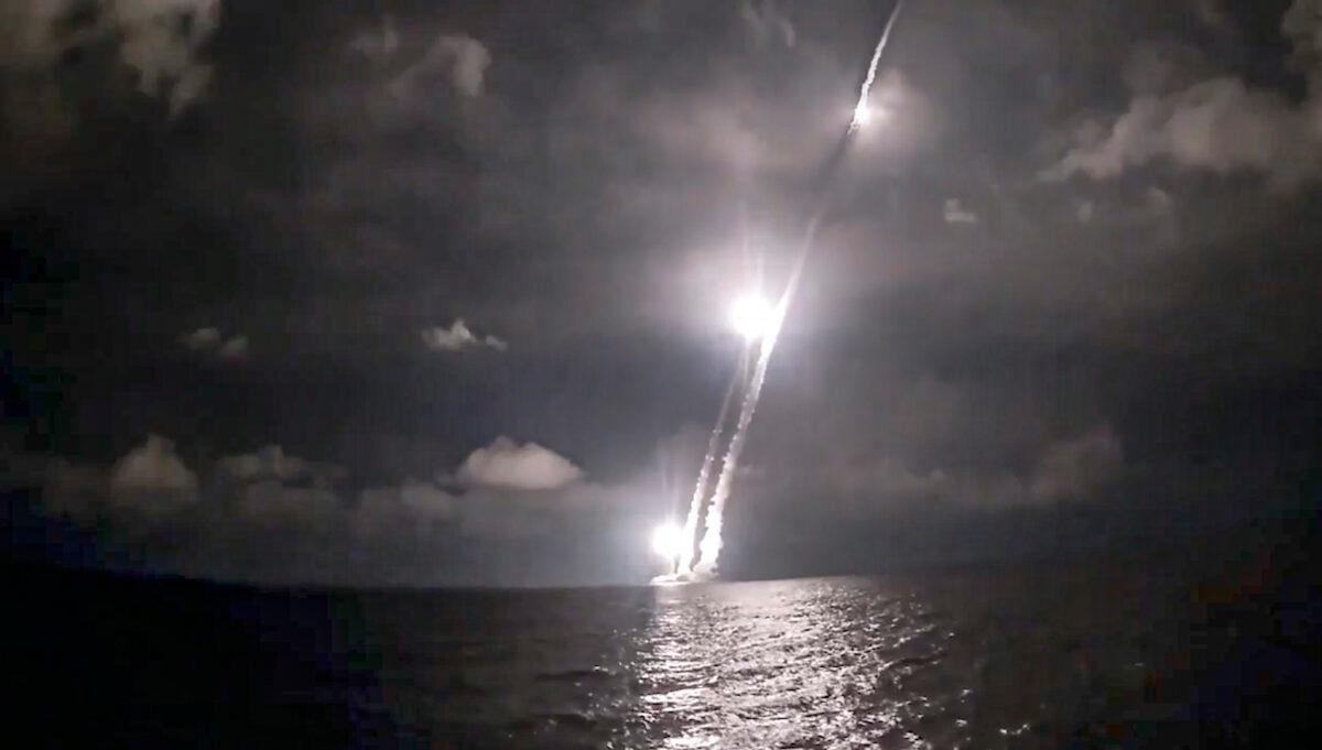 Intercontinental ballistic missiles are launched by the Vladimir Monomakh nuclear submarine of the Russian navy from the Sea of Okhotsk, Russia, on Dec. 12, 2020. (Russian Defense Ministry Press Service via AP)