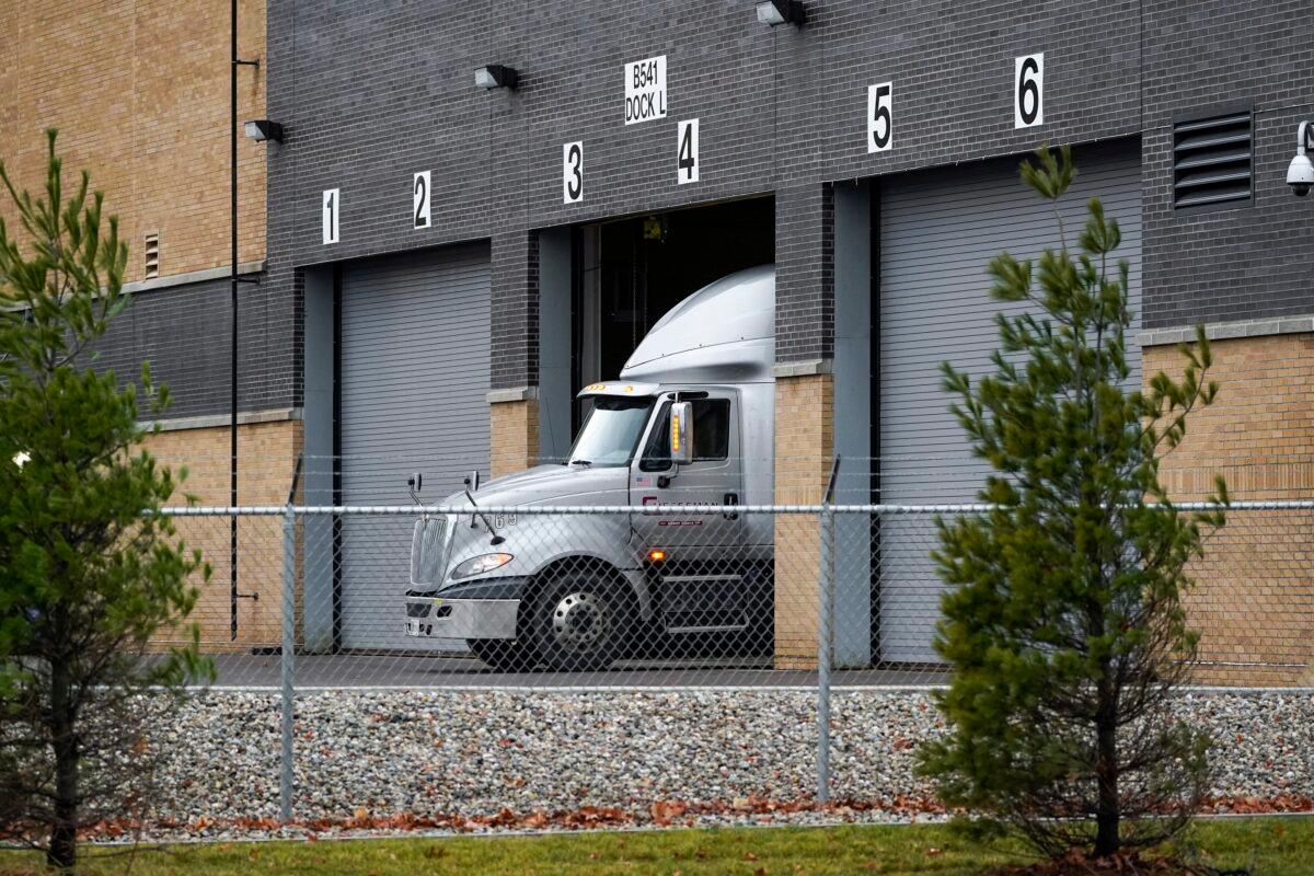 A truck at the Pfizer Global Supply Kalamazoo manufacturing plant in Portage, Mich., on Dec. 12, 2020. (Paul Sancya/AP Photo)