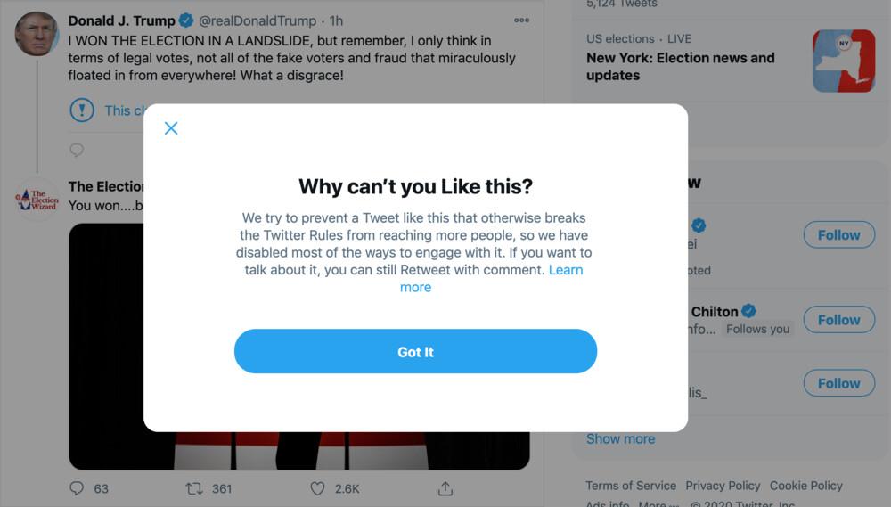 Twitter prevented users from liking President Donald Trump's post. (Twitter/screenshot)