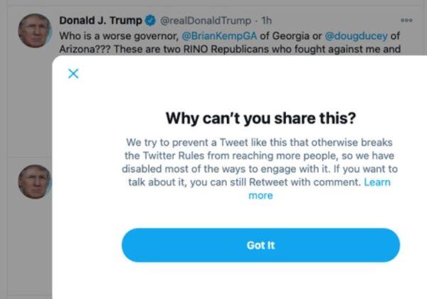  Twitter prevented users from sharing former President Donald Trump's post. (Screenshot/Twitter)