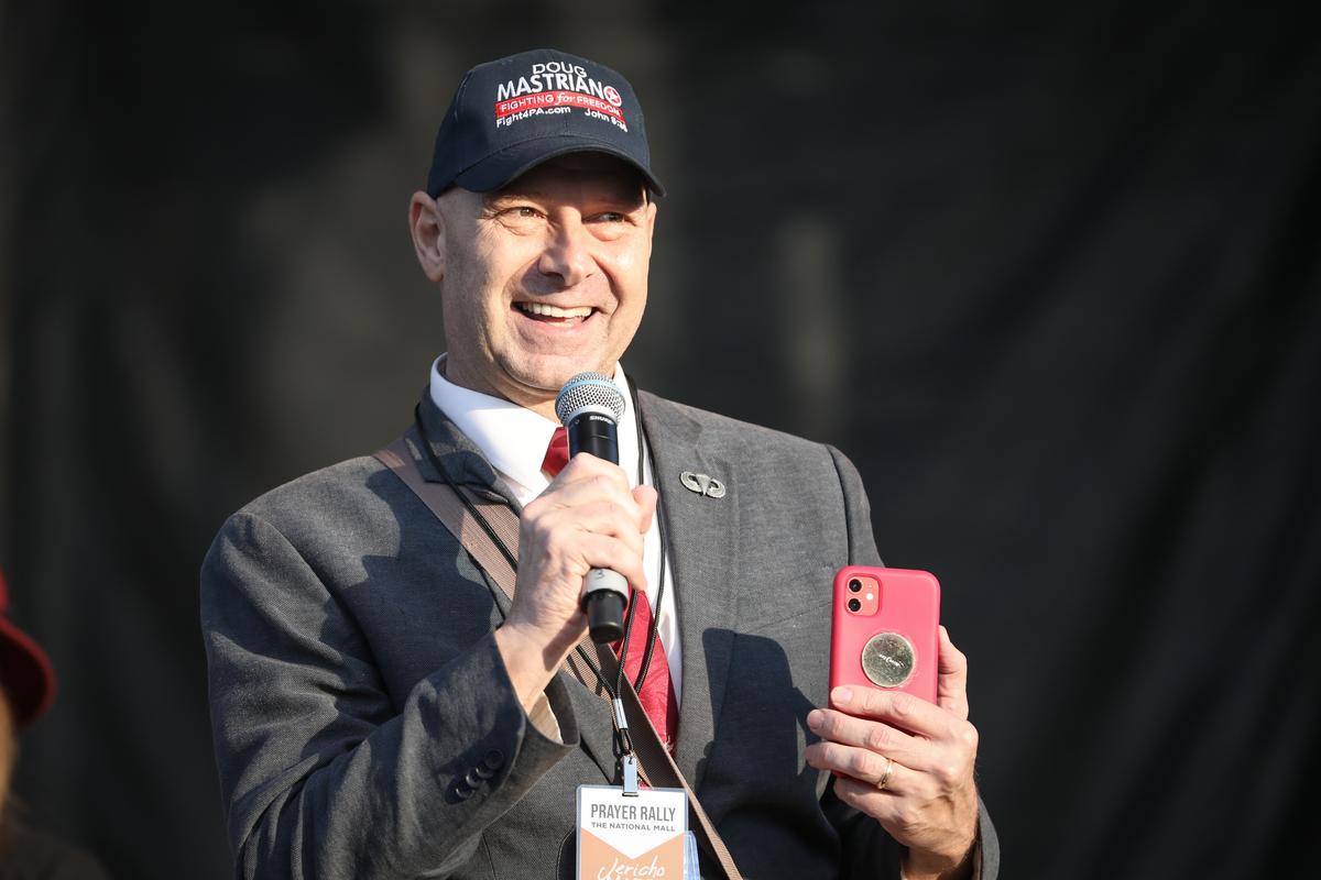 Doug Mastriano, a Republican member of the Pennsylvania Senate, speaks at the “Let the Church ROAR” National Prayer Rally on the National Mall in Washington on Dec. 12, 2020. (Samira Bouaou/The Epoch Times)