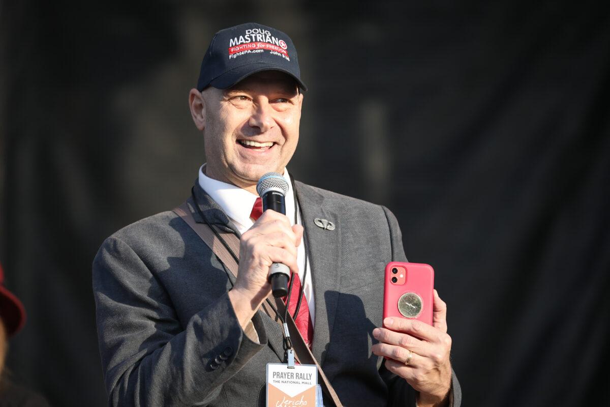 Pennsylvania Sen. Doug Mastriano speaks on the National Mall in Washington on Dec. 12, 2020. (Samira Bouaou/The Epoch Times)