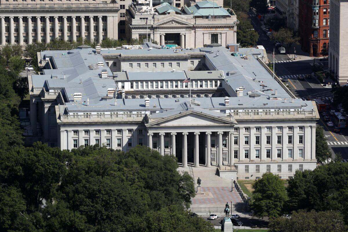 The U.S. Treasury Department building viewed from the Washington Monument in Washington on Sept. 18, 2019. (Patrick Semansky/AP Photo)