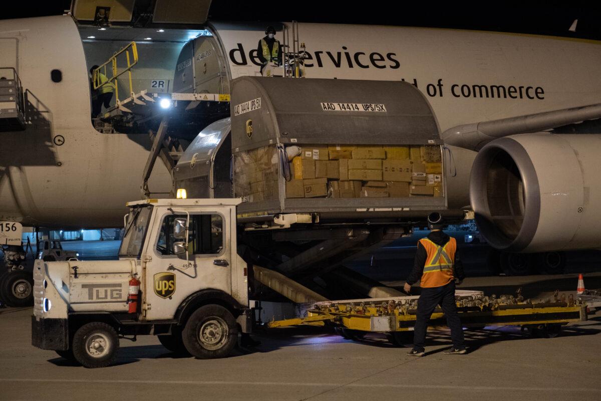 The first doses of the Pfizer-BioNTech vaccine arrive at Hamilton International Airport in Ontario, Canada, on Dec. 13, 2020 (Canadian Armed Forces via Canada Border Services Agency)