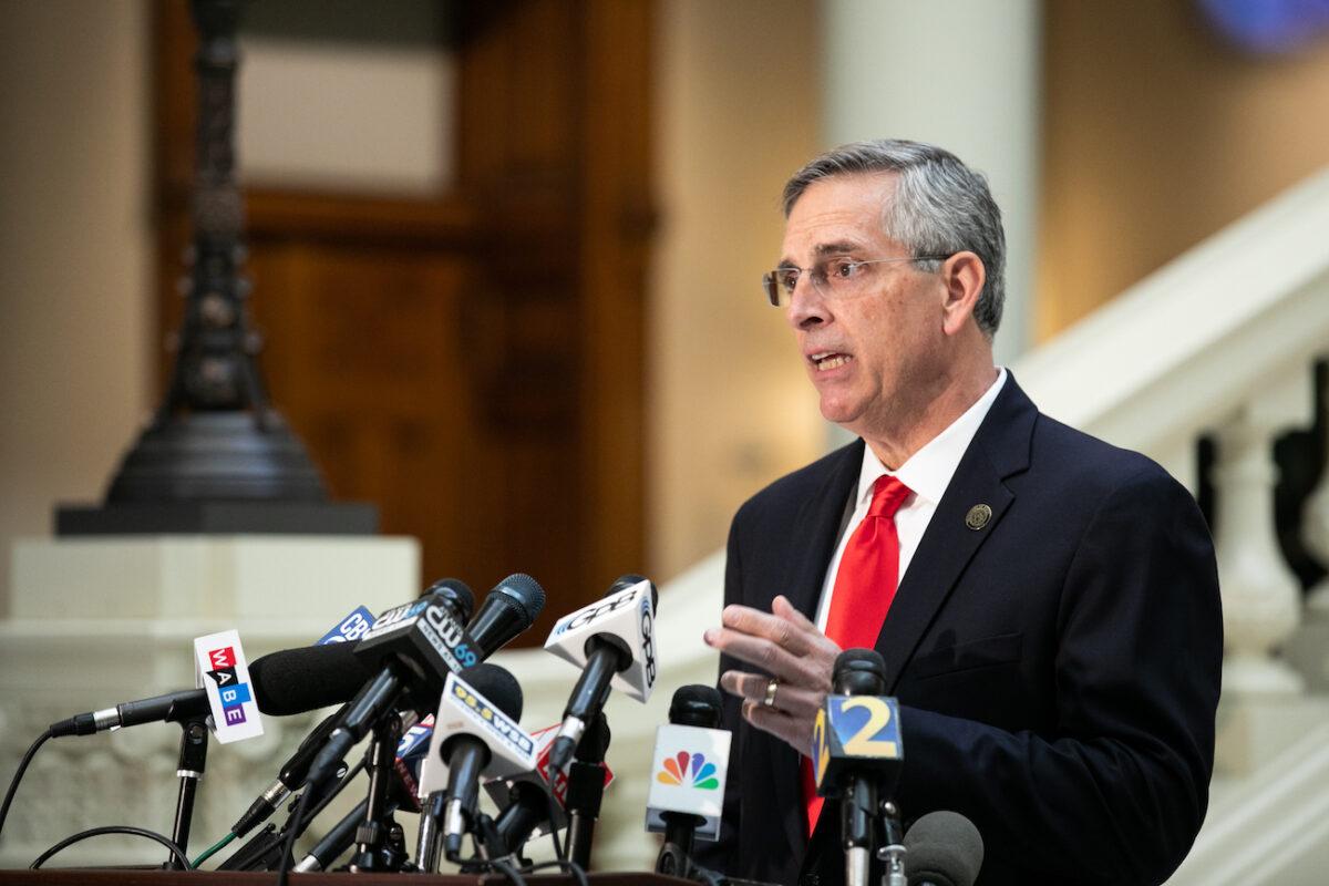  Georgia Secretary of State Brad Raffensperger holds a press conference on the status of ballot counting in Atlanta, Ga., on Nov. 6, 2020. (Jessica McGowan/Getty Images)