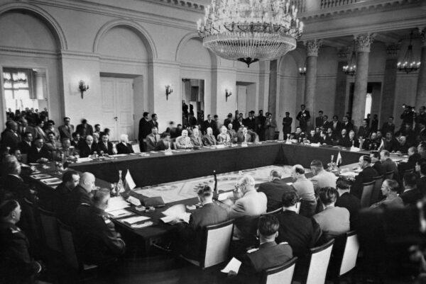 A picture released on May 13, 1955, shows a general view of the Communist Bloc Conclave bringing together the eight East European countries prior to the signature of the mutual defense Treaty of Friendship, Cooperation and Mutual Assistance commonly known as the Warsaw Pact. (AFP via Getty Images)