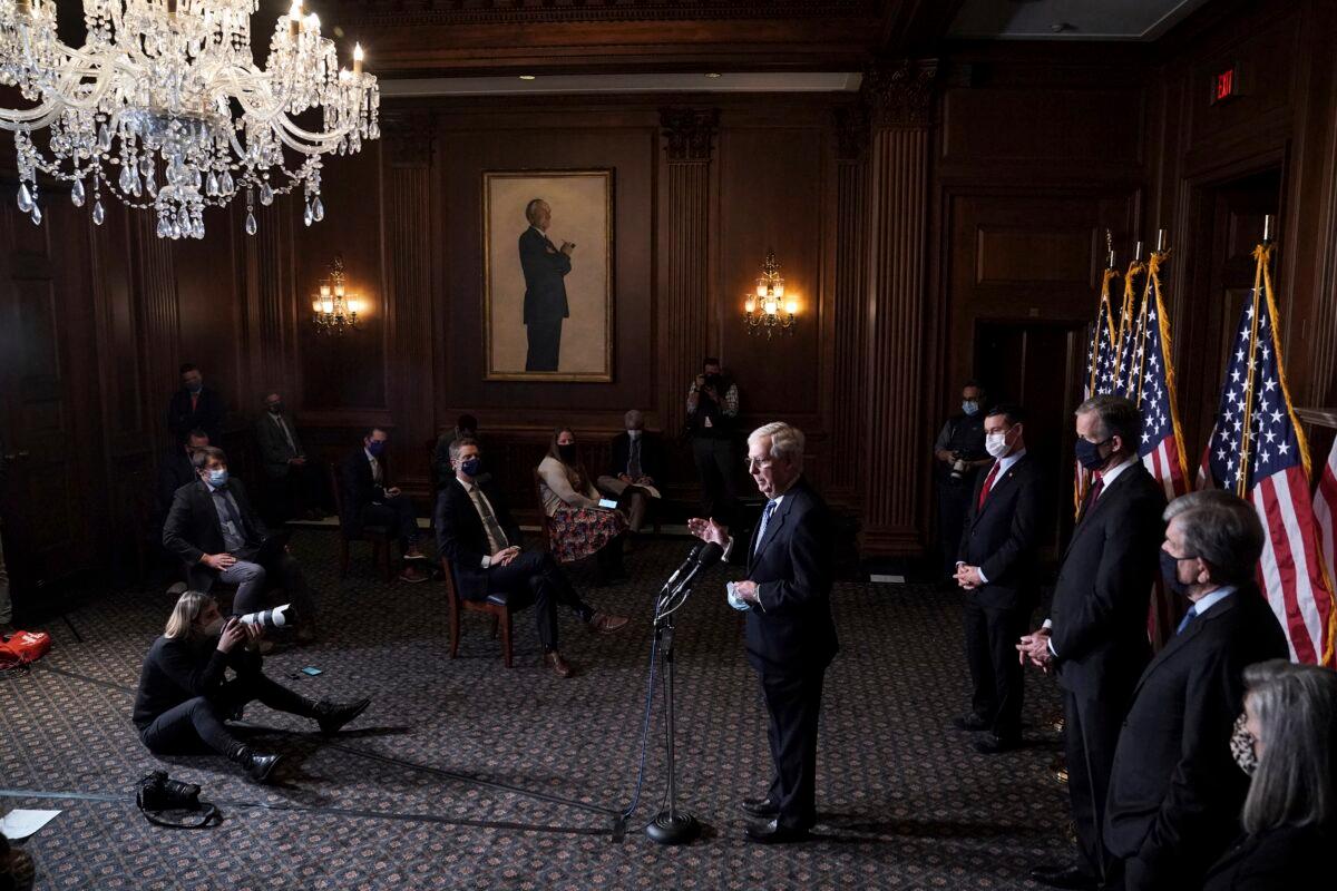 Senate Majority Leader Mitch McConnell (R-Ky.) speaks with the Senate GOP leadership team during a news conference on Capitol Hill in Washington on Dec. 8, 2020. (Greg Nash/Pool via AP)