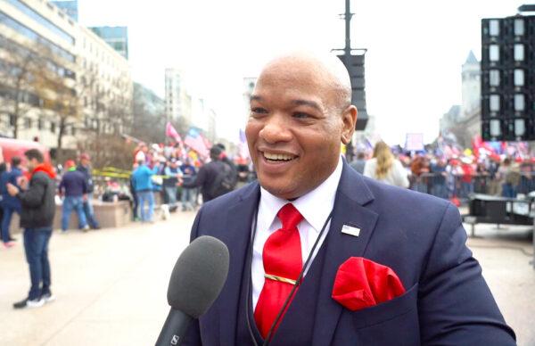 Pastor Mark Burns speaks about the election and protecting First Amendment rights at Freedom Plaza in Washington on Dec. 12, 2020. (Leo Shi/The Epoch Times)