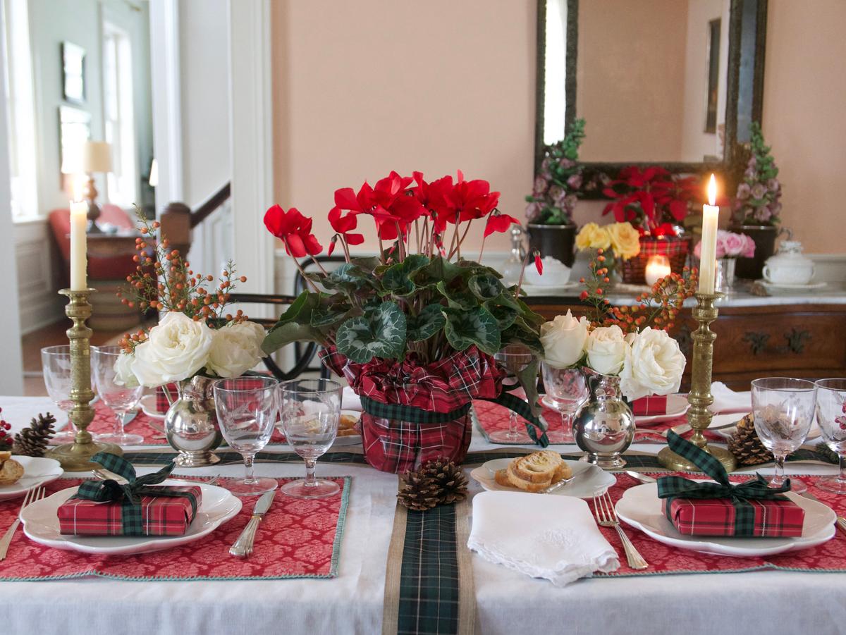 A festive table for Christmas in the UK, decorated with tartan ribbons, flowers, and greenery from the garden. (Victoria de la Maza)