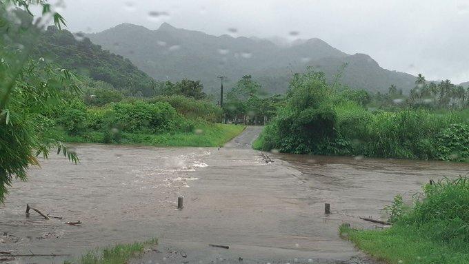 The Bagata Crossing is seen flooded on Vunivesi Road in Savusavu, as Cyclone Yasa passes through Fiji, Dec. 17, 2020, in this photo obtained from social media. (Fiji Roads Authority/via Reuters)