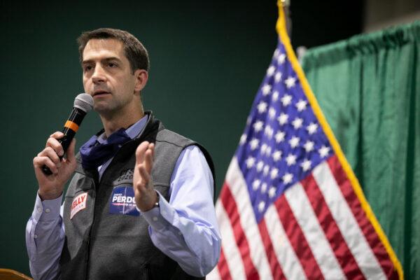 Sen. Tom Cotton (R-Ark.) speaks to the crowd during a "Defend the Majority" rally for U.S. Sen. Kelly Loeffler (R-Ga.) and Sen. David Purdue (R-Ga.) at the Georgia National Fairgrounds and Agriculture Center in Perry, Ga., on Nov. 19, 2020. (Jessica McGowan/Getty Images)