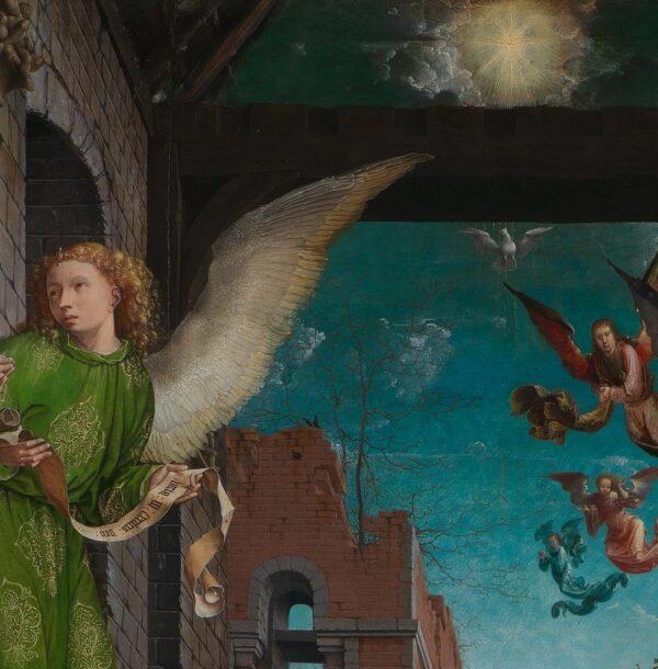 An angel holds a scroll, in a detail of “Adoration of the Magi.” (PD-US)